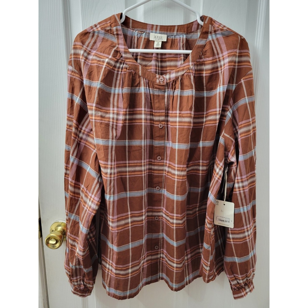Ana Long Sleeve Button Up Blouse Brown Plaid Women Size 2x NEW with Tags